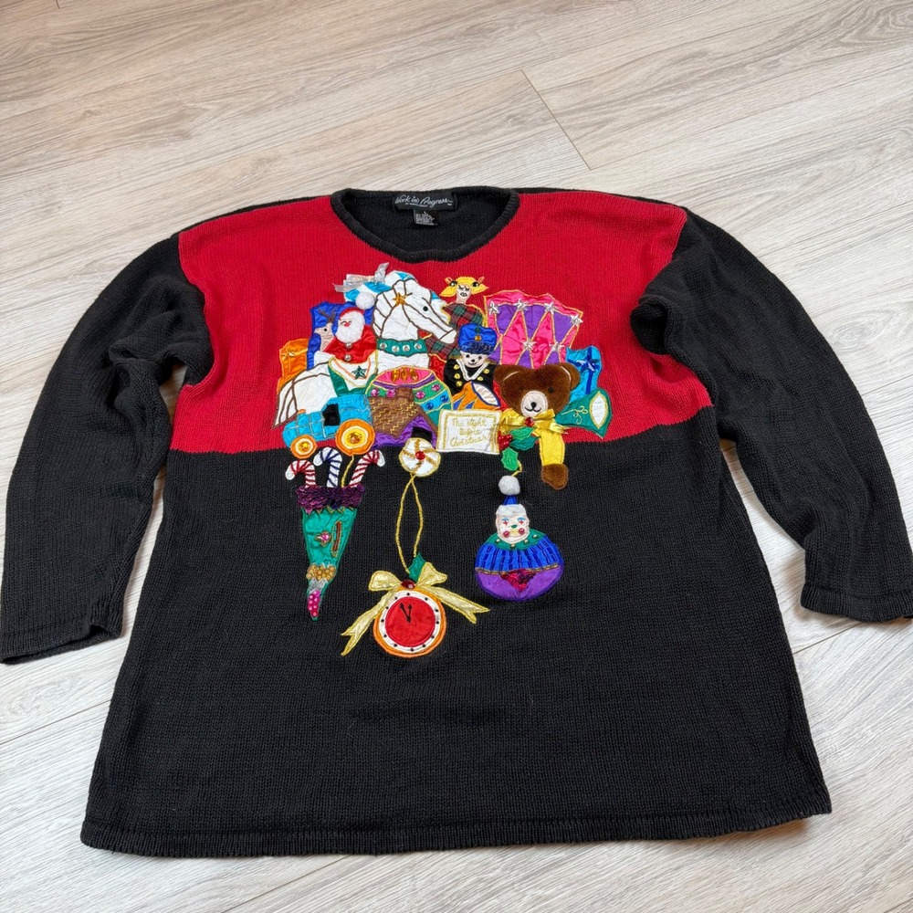 Work in Progress Gladys Bagley Ugly‎ Christmas Sweater Red Black Holiday Scene L